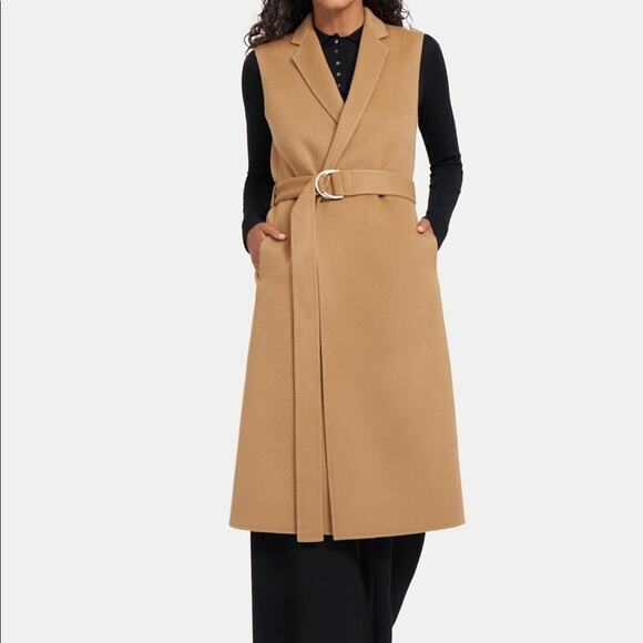 Theory Long Clairene Tan Wool Cashmere Sleeveless Belted Coat Size Petite